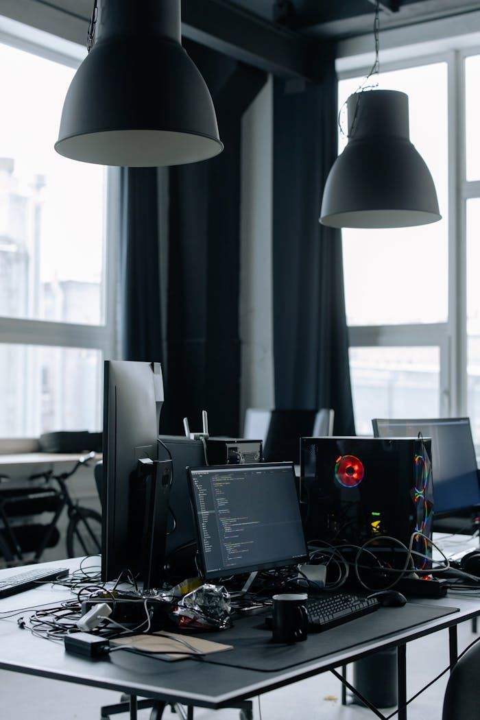 A modern office desk with computers, monitors, and tech equipment in a bright room.